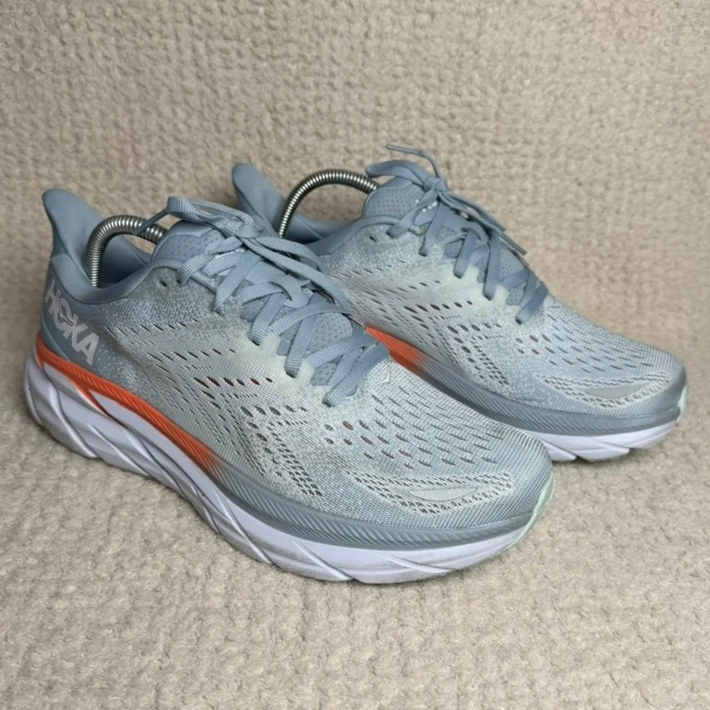 Hoka One One Clifton 8 Blue Fog Orange Running Shoes 1119394 BFPA Womens 9.5 B